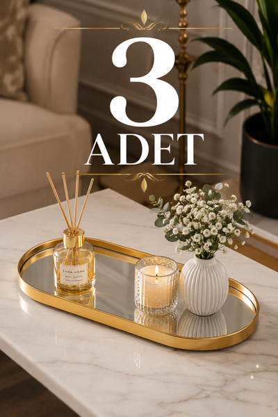 BERMİRA Home Collection 3'lü Oval Aynalı Sunumluk Altın 12x30 İkramlık Kahve ...
