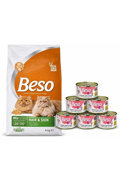 Beso Hair & Skin Cat Food Bundle Mix Chicken & Salmon Dry Cat Food 4kg + Shre...