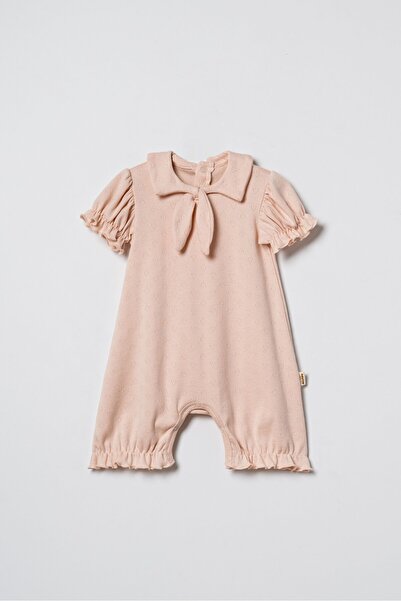 Magu Baby Girl Cotton Salmon Bow Collar Short Jumpsuit