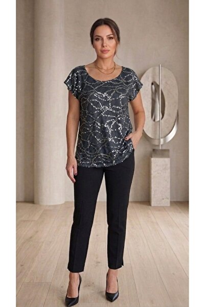 Dirim Front and Back Sequin Embroidered Boat Neck Stylish Blouse