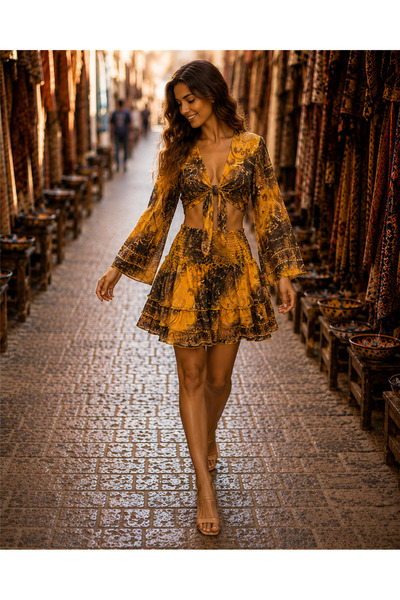 Miss Boheme Mustard Color Gold Detailed Silk Short Skirt Blouse Set