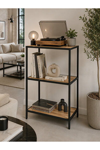 Trendmiz luccawood 3 Raflı Metal Ahşap Yan Sehpa – Atlantik Çam | 85x45x33 cm