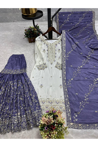 MYSMAR Purple Chinon Silk Embroidered Sharara Set - HRT7601 | Purple-Size:(S-...