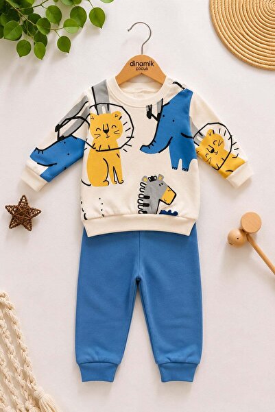 dinamik çocuk Baby Boy Thin Seasonal 2-Piece Set Safari Lion Patterned Long S...