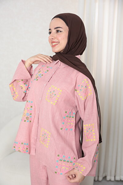 KASHKHA Pink Linen Set of Two Pieces with Colorful Country-Style Embroidery