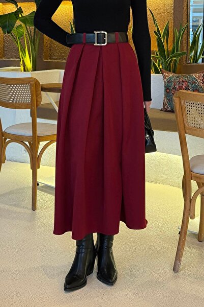 lamelif Belted Hijab Skirt Burgundy