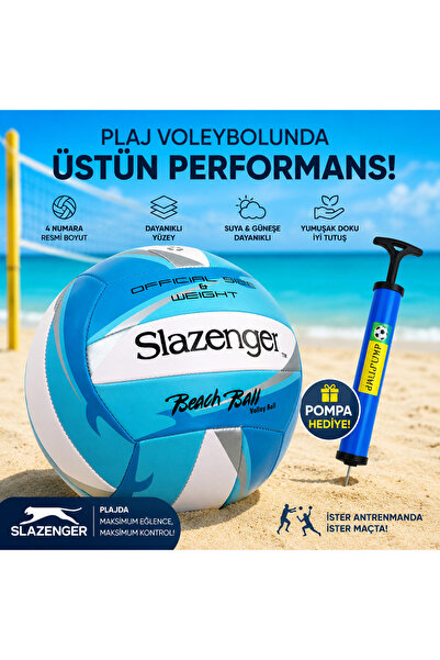 TRUST STORE Slazenger 4 Numara Plaj Voleybol Topu + Pompa Hediyeli Resmi Boyu...
