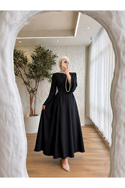 Mava Lady Kadın Şık İnci Kol Detaylı Pileli Uzun elbise Siyah