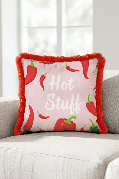 Evimde Bambaşka Hot Stuff Biber Pop Art Fringed Pillowcase - Retro Pink Red B...
