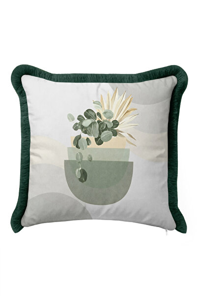 Evimde Bambaşka Botanical Decor Leaf Pattern Fringed Pillowcase - Minimal Pot...