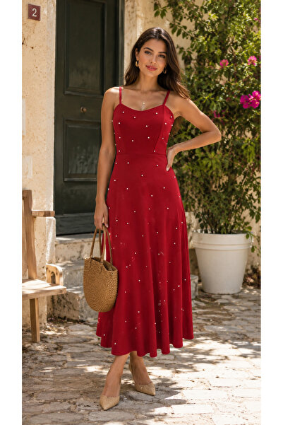 Kokosh moda Women's Pearl Detailed Strap Maxi Dress – A-Line Long Summer Chic...