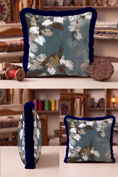 Evimde Bambaşka Modern Leaf Design Fringed Pillow Cover - Abstract Floral Gra...