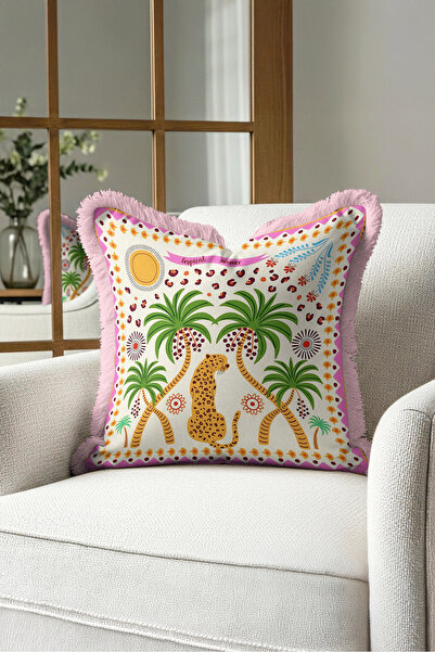 Evimde Bambaşka Exotic Leopard Palm Tropical Chic Fringe Pillowcase-Bohemian ...