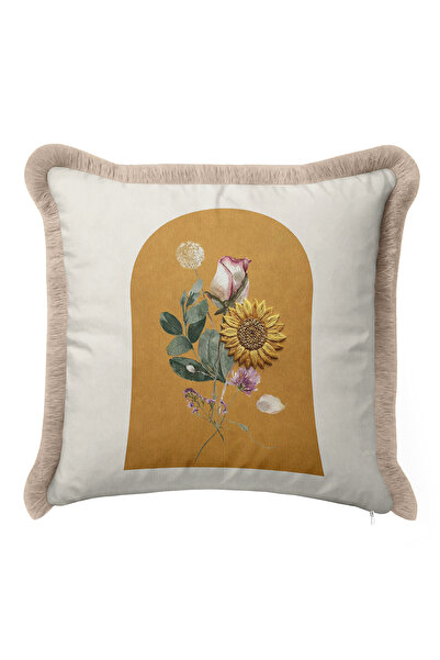 Evimde Bambaşka Boho Floral Decorative Fringed Pillowcase-Botanical Mustard B...