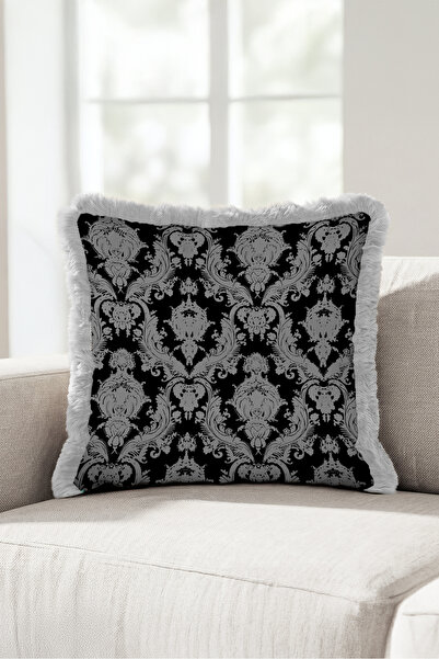 Evimde Bambaşka Luxurious Damask Baroque Patterned Fringed Pillowcase - Elega...