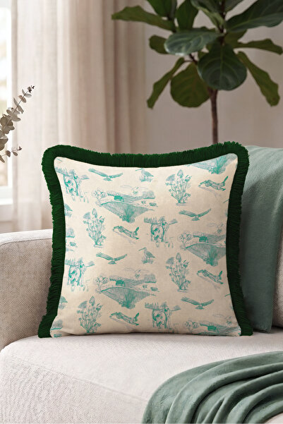Evimde Bambaşka Hunting Themed Boho Design Fringed Pillowcase-Pastoral Countr...