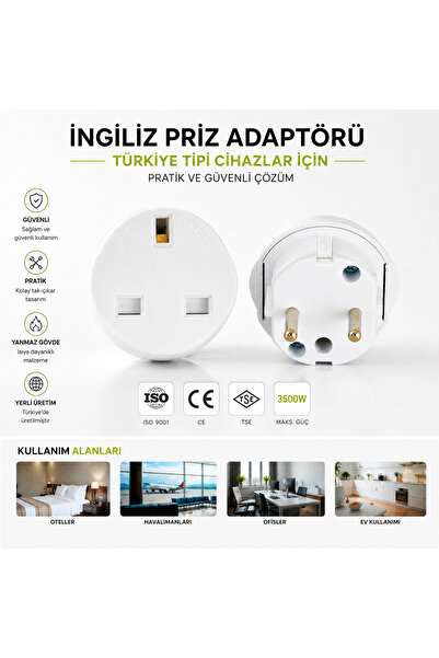 bydiz İngiliz Priz Adaptörü UK Fiş Dönüştürücü 3500W Topraklı TSE CE İngiltere Dubai Hong Kong Uyumlu