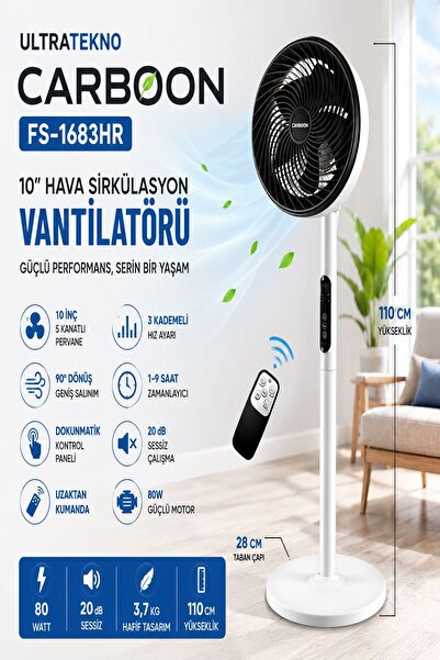 ULTRATEKNO FS-1683HR 10 İnç Hava Sirkülasyonlu Vantilatör 80W Uzaktan Kumandalı Dokunmatik Sessiz Ayaklı Fan 90° Salınımlı Zemin Vantilatör