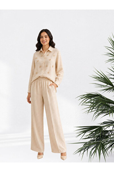 FNM Beige Embroidered Two-Piece Linen Blend Set for Women