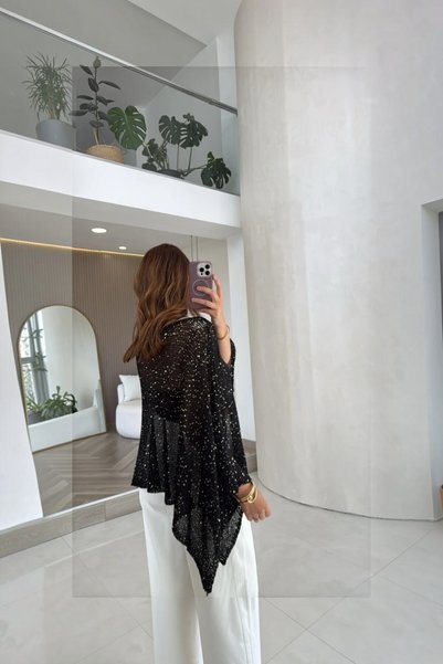 MODAMERSİ Women's Black Sequined Asymmetrical Transparent Blouse
