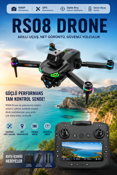 Zineets RS08 Ekranlı Kumandalı Katlanabilir 1080P HD Kameralı Drone GPS Optik...