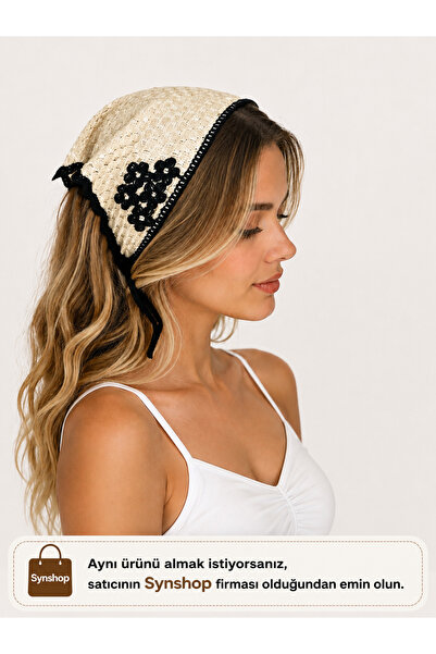 synshop Cream Black Floral Knitted Triangle Bandana Alaçatı Hair Band Women T...