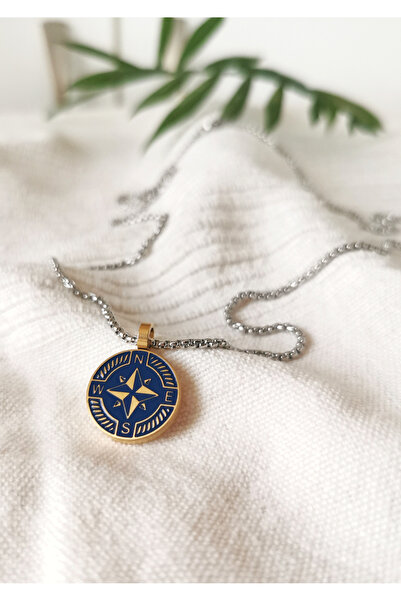 Halley Concept Steel Navy Blue Compass Elite Men's Necklace with Gold Detail