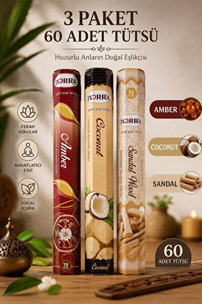ERYHOME 3 Paket 60 Adet Tütsü Seti Amber, Sandal ,Coconut Hindistan Cevizi Ko...
