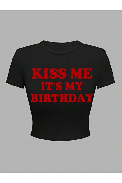 LUMSHİNE Women Kiss Me It's My Birthday Y2K Tee Crop