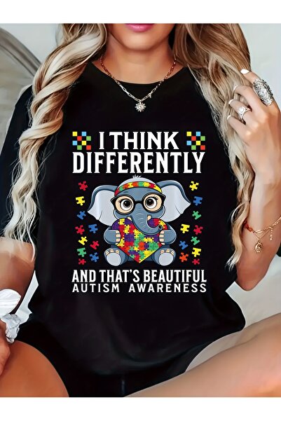 NOURAM Women's Awareness Graphic T-Shirt - "I THINK Differently" Elephant Puz...