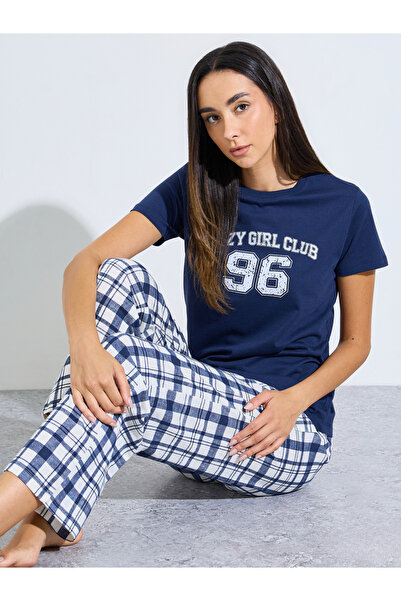 Styli Nav Blue Cozy Girl Club T-Shirt And Check Pyjama Set