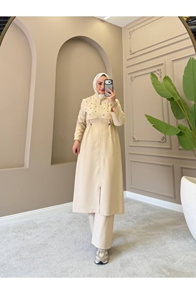 moda4b طقم حجاب نسائي من قطعتين مزين باللؤلؤ من قماش دابيل - طقم بنطلون مع جا...