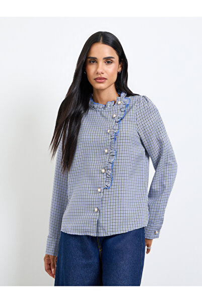 Take Two By Styli Blue Gingham Ruffled Long Sleeve Blouse