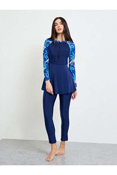 Styli Navy Blue Leaf Print Raglan Sleeve Burkini And Leggings Set