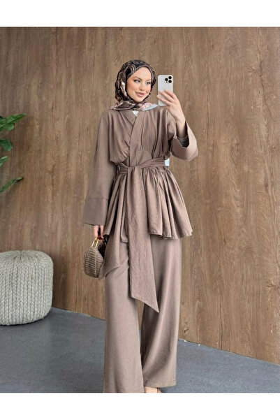 Moda Aydın Butik Waist-Tied Kimono Pants Set - Mink