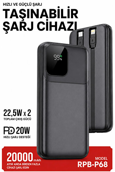 EXENAR 20000mAh Powerbank 22.5W Hızlı Şarj Type-C PD 20W Lightning Kablo Şarj...