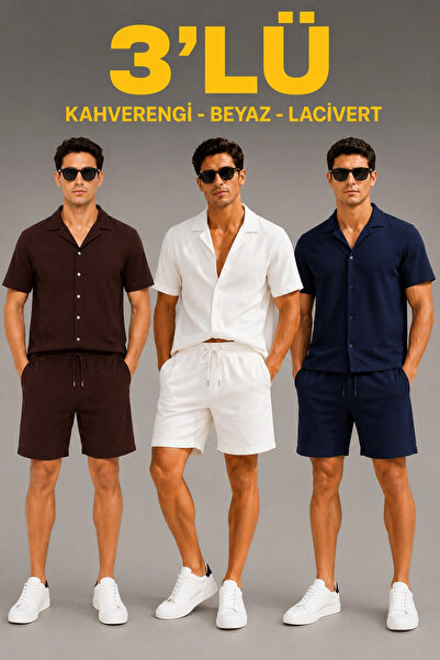 Keops Men's 3-Piece Crepe Fabric Pocket Shirt Shorts Set Short Sleeve Lace-Up...