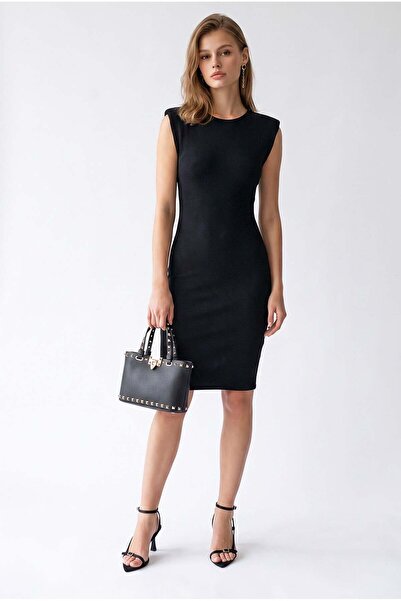 Mixray 2174 Women's Body-Fitting Padded Ribbed Midi Dress Black