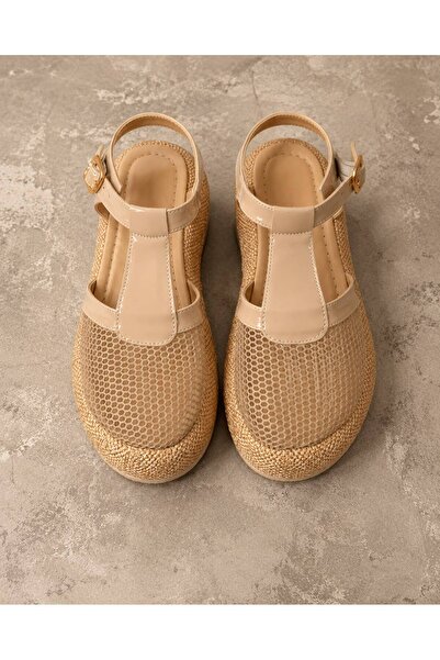 Beyond Women's Beige Mesh Detailed Straw High-Heeled Sandals 4cm Byndk95