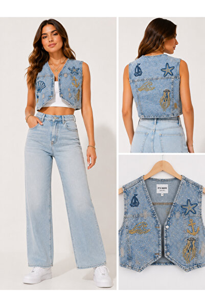 Nurala Home Kadın Deniz Temalı Taşlı Nakışlı Eskitme Detaylı Denim Jean Yelek...