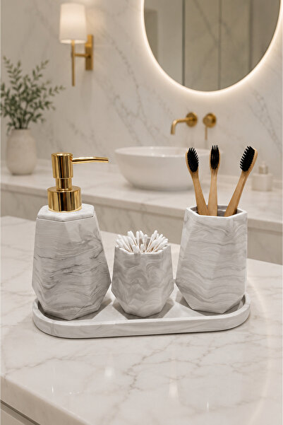 Lyzovi 4 Parça Mermer Desenli Premium Banyo Seti | Lüks Sabunluk, Fırçalık, K...
