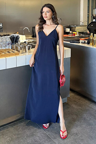 Aryena Navy Blue Women's Modal Dress with Rope Straps
