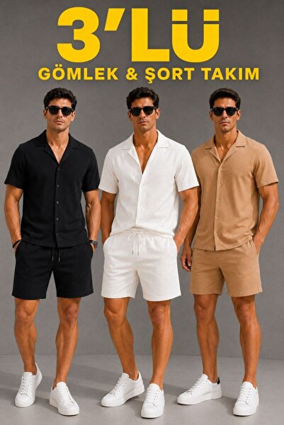 Mariposa Secret Men's 3-Piece Crepe Fabric Pocket Shirt Shorts Set Short Slee...