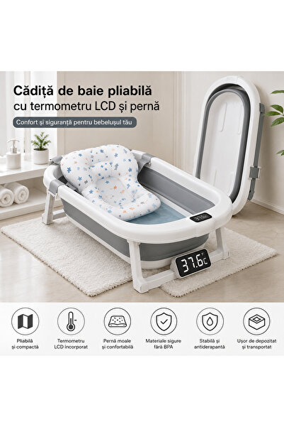 OEM Cădiță de Baie Pliabilă pentru Bebeluși cu Termometru LCD, Pernuță Ergono...
