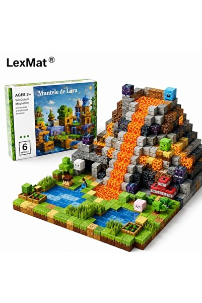LexMat ®   Blocuri magnetice de construcție cu LED, Munte de lavă pixelat, 15...