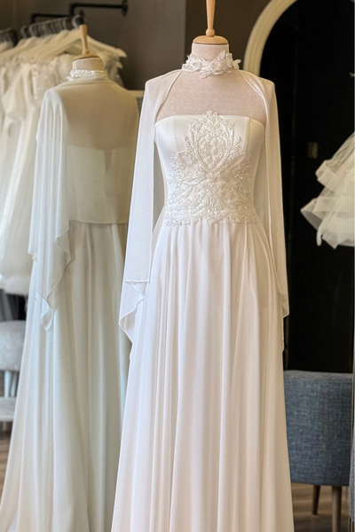 Lenta Moda Beyaz Düz Yaka Şal Hediyeli Şifon Abiye Elbise