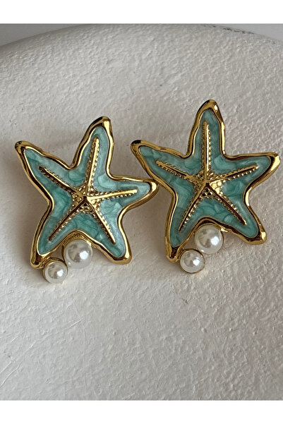 BHR AKSESUAR Green Starfish Earrings with Pearl Detail (3 cm)