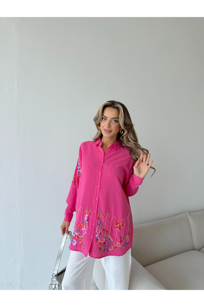 MİA NOURA Women's Oversize Shirt with Embroidered Front and Sleeves, Beaded Work