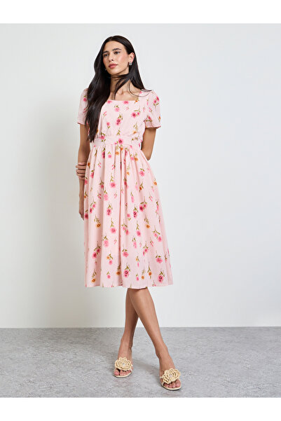 Styli Pink Floral Print Square Neck A-Line Midi Dress