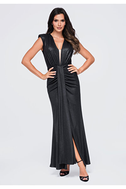 Larica Women's Evening Dress, Maxi Fit with V-Neck LA-OM-DLR412 Čierna
